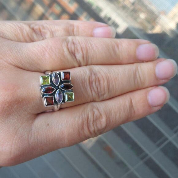 Natural Garnets Amethysts Peridots In Sterling Silver Mosaic Ring. Size 8.25 - Picture 14 of 17